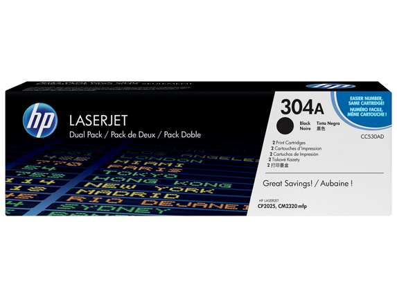 HP 304A 2-pack Black Original LaserJet Toner Cartridges, CC530AD