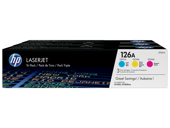 HP Laser Toner Cartridges and Kits, HP 126A 3-pack Cyan/Magenta/Yellow Original LaserJet Toner Cartridges, CF341A