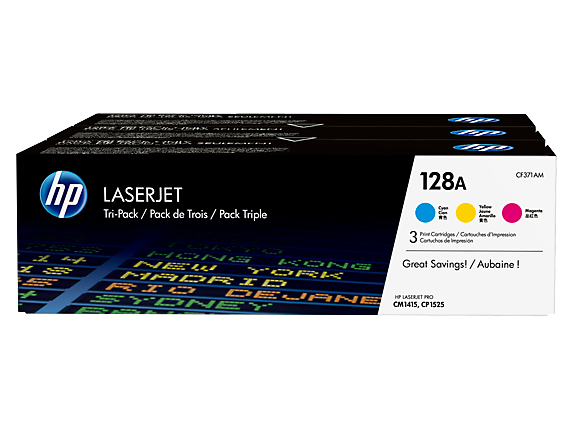 HP Laser Toner Cartridges and Kits, HP 128A 3-pack Cyan/Magenta/Yellow Original LaserJet Toner Cartridges, CF371AM