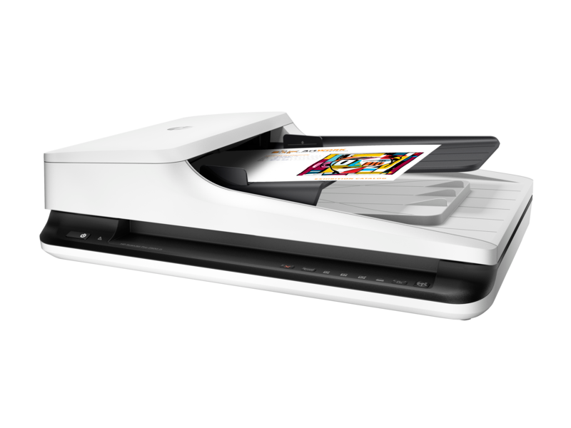 HP ScanJet Pro 2500 f1 Flatbed Scanner, Left facing, with document