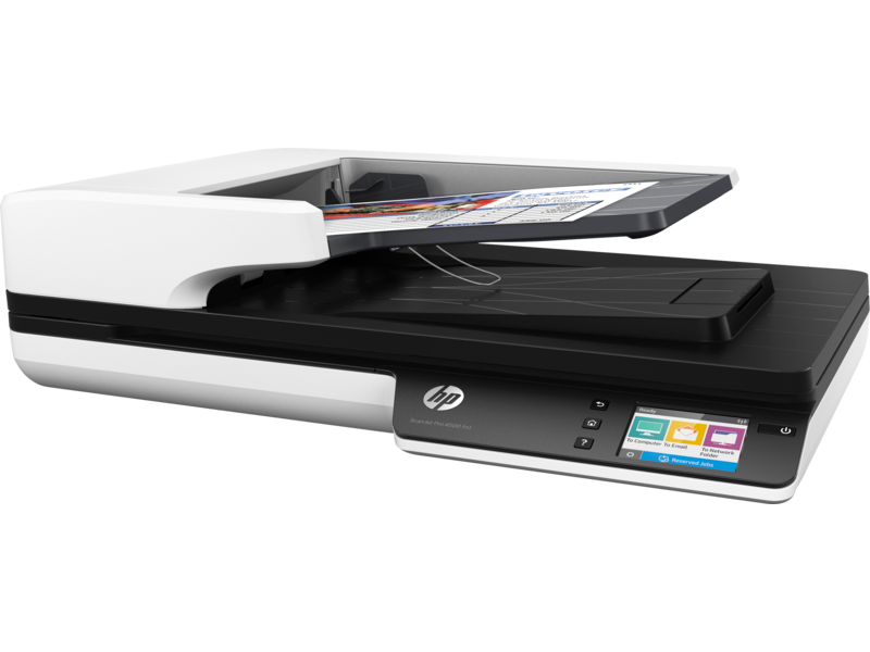 HP ScanJet Pro 4500fn1 Network Scanner, Left facing, with document