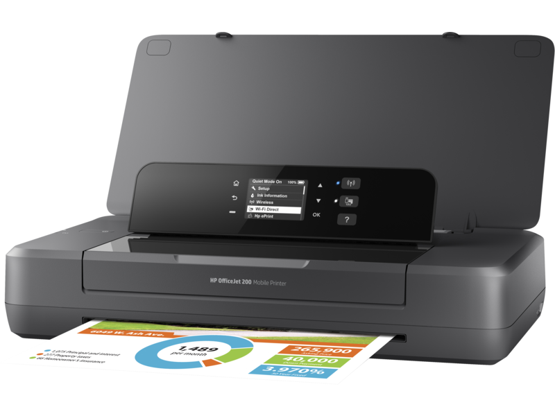 HP OfficeJet 200 Mobile Printer, Left facing, open, with output