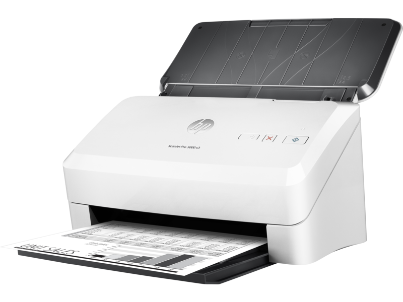 HP ScanJet Pro 3000 s3 sheet-feed Scanner, Left facing, with output