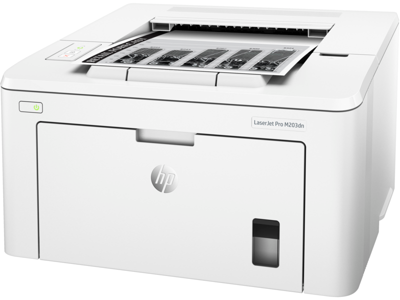 HP LasesrJet Pro M203dn, Left facing, with output