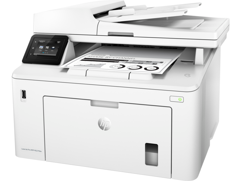HP LaserJet Pro MFP M227fdw, Left facing, with output