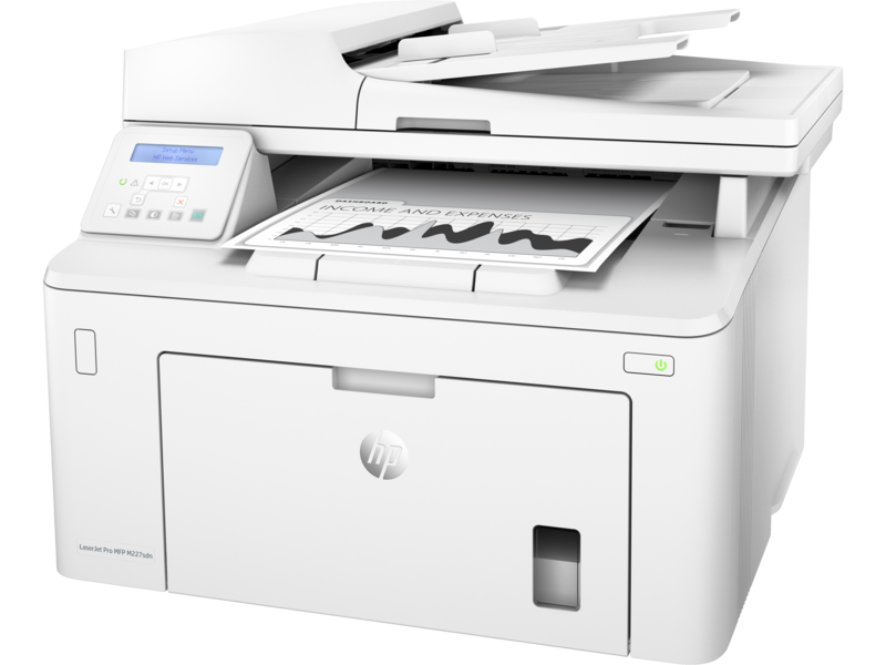 HP LaserJet Pro MFP M227sdn, Left facing, with output