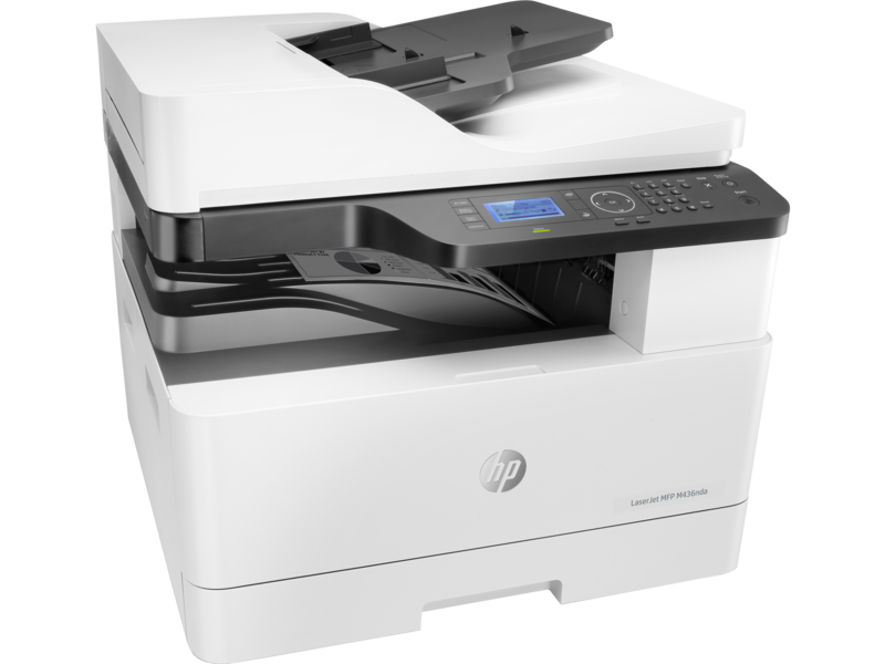 HP LaserJet MFP M436nda, mono tabloid printer, ADF, right facing, with paper