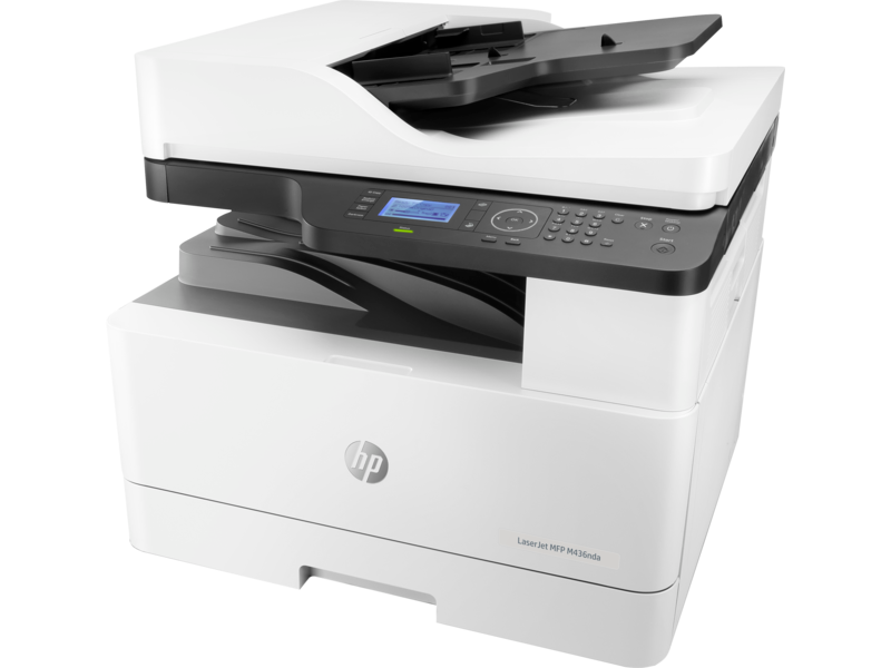 HP LaserJet MFP M436nda, mono tabloid printer, ADF, left facing, no paper