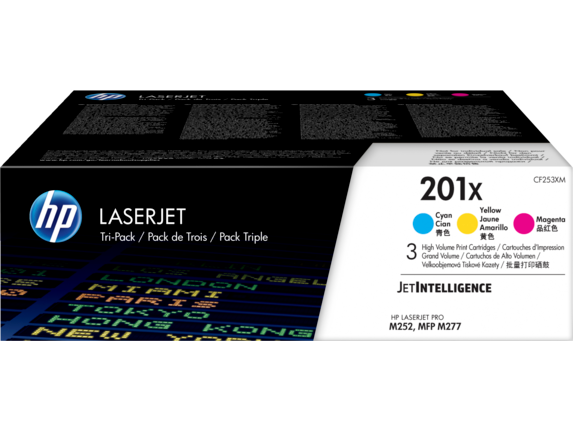 HP Laser Toner Cartridges and Kits, HP 201X 3-pack High Yield Cyan/Magenta/Yellow Original LaserJet Toner Cartridges, CF253XM