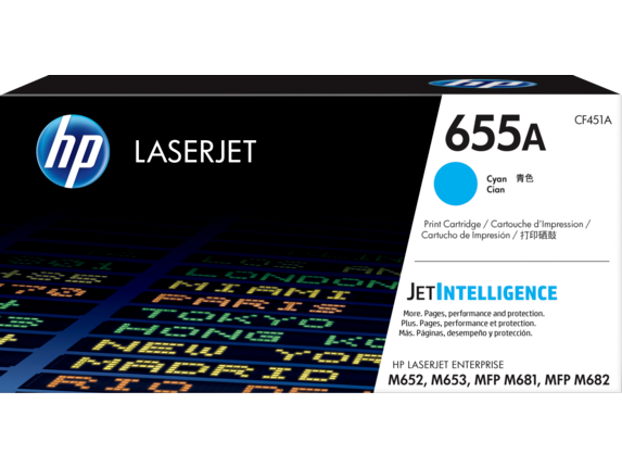 HP Laser Toner Cartridges and Kits, HP 655A Cyan Original LaserJet Toner Cartridge, CF451A