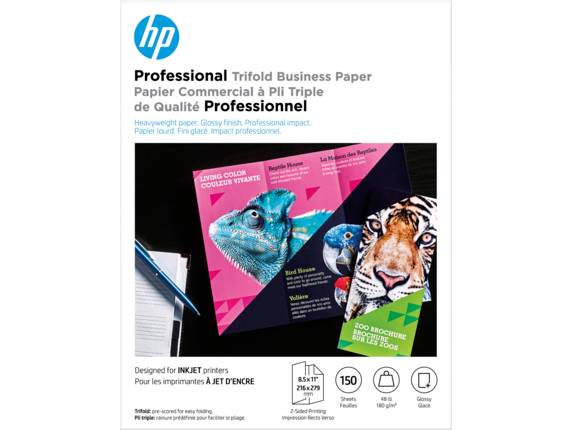 HP Business Papers, HP Professional Tri-Fold Business Paper, Glossy, 48 lb, 8.5 x 11 in. (216 x 279 mm), 150 sheets 4WN12A