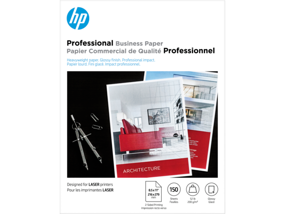 HP Business Papers, HP Professional Business Paper, Glossy, 52 lb, 8.5 x 11 in. (216 x 279 mm), 150 sheets 4WN10A