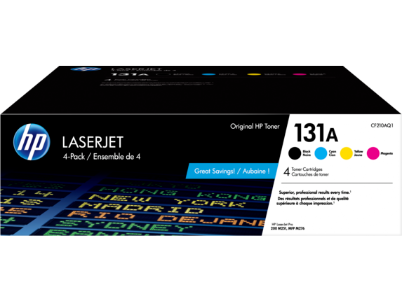 HP Laser Toner Cartridges and Kits, HP 131A 4-pack Black/Cyan/Magenta/Yellow Original LaserJet Toner Cartridges, CF210AQ1