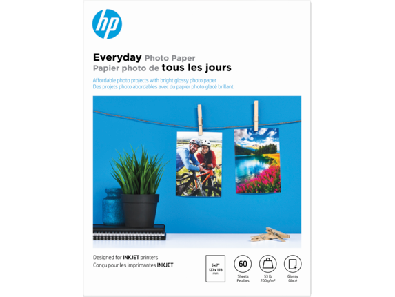 HP Photo Papers, HP Everyday Photo Paper, Glossy, 52 lb, 5 x 7 in. (127 x 178 mm), 60 sheets CH097A