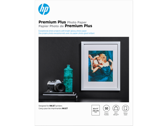 HP Photo Papers, HP Premium Plus Photo Paper, Glossy, 80 lb, 8.5 x 11 in. (216 x 279 mm), 50 sheets CR664A