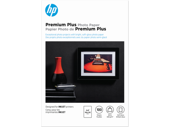HP Photo Papers, HP Premium Plus Photo Paper, Satin, 80 lb, 4 x 6 in. (101 x 152 mm), 100 sheets CR666A