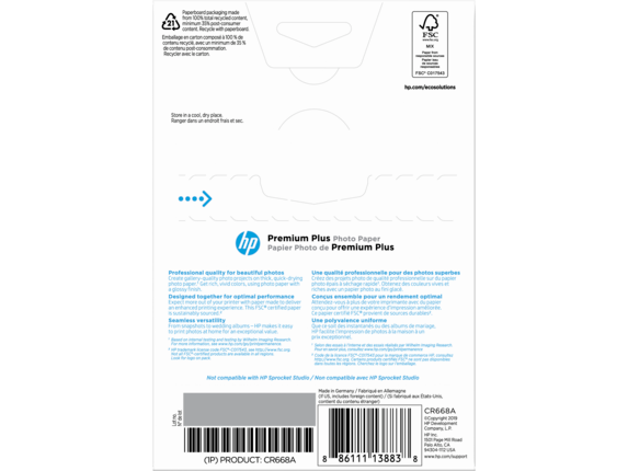 Series 4 of 12 HP Photo Papers, HP Premium Plus Photo Paper, Glossy, 80 lb, 4 x 6 in. (101 x 152 mm), 100 sheets CR668A