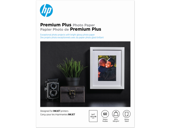 HP Photo Papers, HP Premium Plus Photo Paper, Glossy, 80 lb, 5 x 7 in. (127 x 178 mm), 60 sheets CR669A