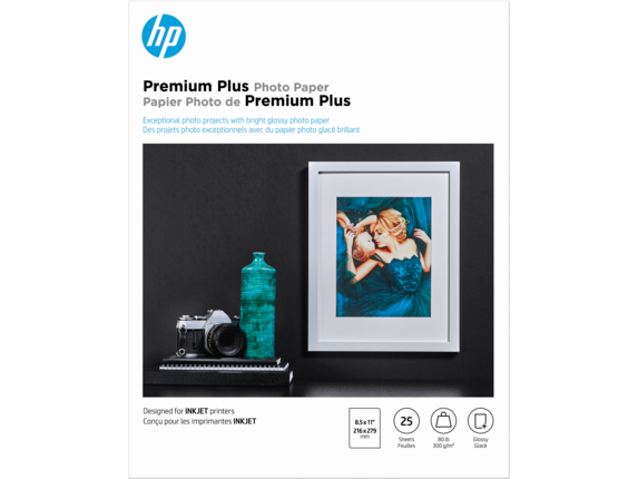 HP Premium Plus Photo Paper, Glossy, 80 lb, 8.5 x 11 in. (216 x 279 mm), 25 sheets CR670A