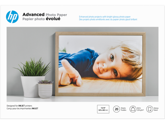 HP Photo Papers, HP Advanced Photo Paper, Glossy, 65 lb, 13 x 19 in. (329 x 483 mm), 20 sheets CR696A