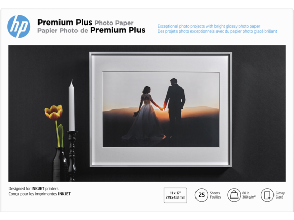 HP Photo Papers, HP Premium Plus Photo Paper, Glossy, 80 lb, 11 x 17 in. (279 x 432 mm), 25 sheets CV065A