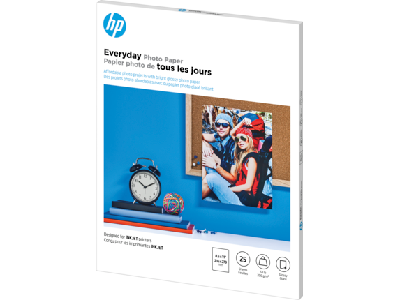 HP Everyday Photo Paper, Glossy, 52 lb, 8.5 x 11 in. (216 x 279 mm), 25  sheets Q5498A