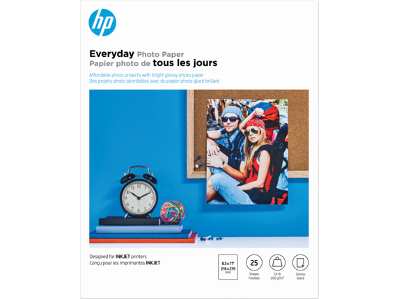 HP Photo Papers, HP Everyday Photo Paper, Glossy, 52 lb, 8.5 x 11 in. (216 x 279 mm), 25 sheets Q5498A