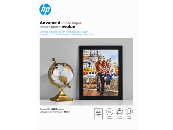 HP Photo Papers, HP Advanced Photo Paper, Glossy, 65 lb, 8.5 x 11 in. (216 x 279 mm), 50 sheets Q7853A