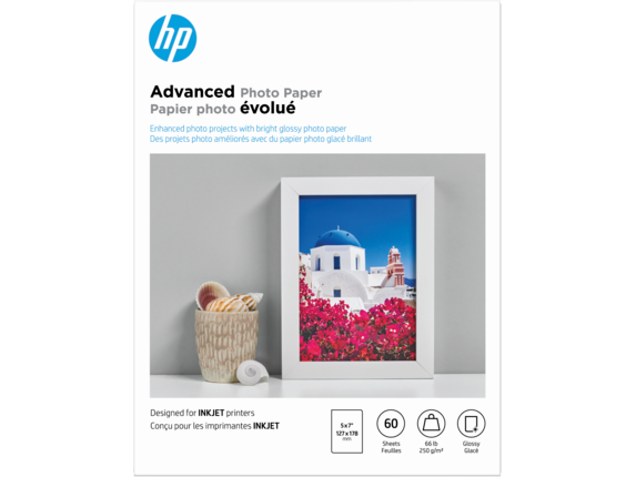 HP Advanced Photo Paper, Glossy, 65 lb, 5 x 7 in. (127 x 178 mm), 60 sheets Q8690A