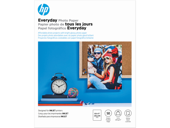 HP Photo Papers, HP Everyday Photo Paper, Glossy, 52 lb, 8.5 x 11 in. (216 x 279 mm), 50 sheets Q8723A