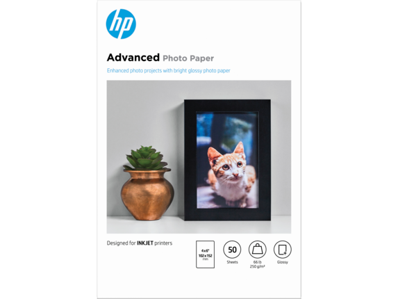 HP Photo Papers, HP Advanced Photo Paper, Glossy, 65 lb, 4 x 6 in. (101 x 152 mm), 50 sheets F4T22A