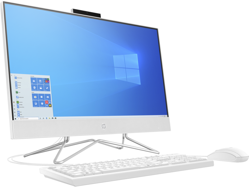 20C1 - HP 24 All-in-One PC (24, Snow White, NT, HD Cam) Win10, Right Facing with wired keyboard and