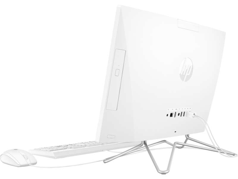 20C1 - HP 22 All-in-One PC (22, Snow White, ODD) Left Rear Facing with wired keyboard and mouse