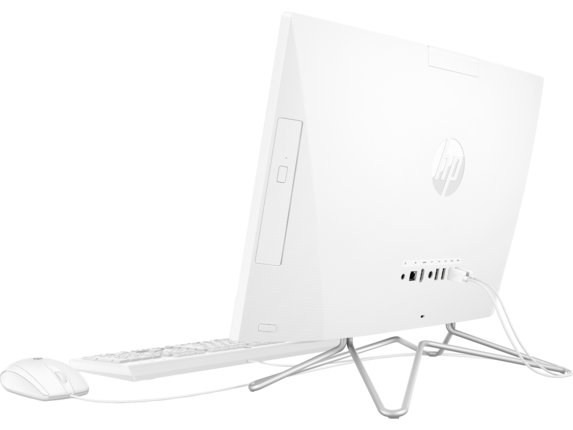 20C1 - HP 22 All-in-One PC (22, Snow White, ODD) Left Rear Facing with wired keyboard and mouse