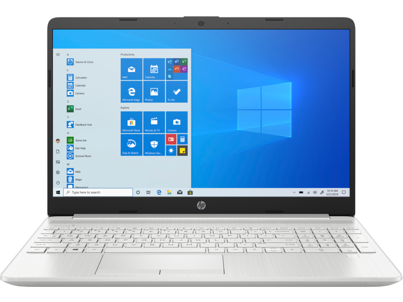 20C1 - HP 15 Laptop PC (15, Natural Silver, NT, HD Cam, nonODD, FPR) Win10, Center Facing