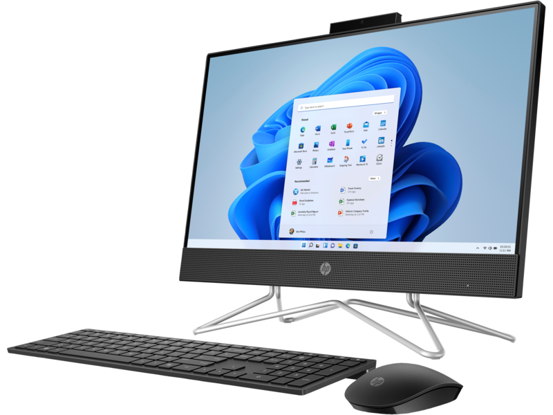 20C1 - HP OPP All in One 22-inch Desktop (22, NT, Jet Black, HD Cam), Win10 Screen, Left Facing with