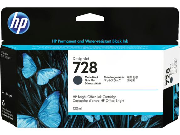 HP 728 130-ml Matte Black DesignJet Ink Cartridge, 3WX25A