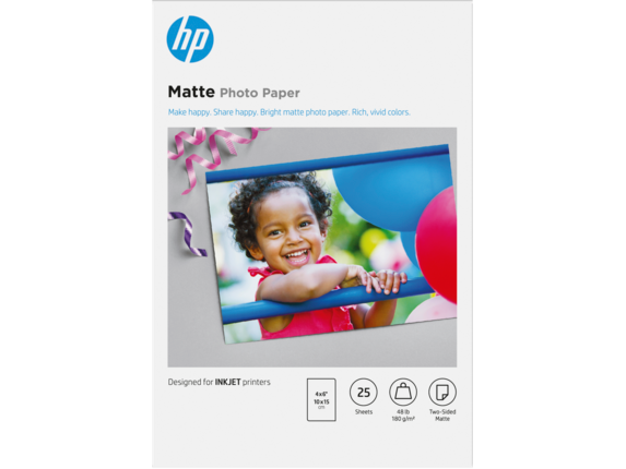 HP Photo Papers, HP Matte Photo Paper, 48 lb, 4 x 6 in. (101 x 152 mm), 25 sheets 6QH46A