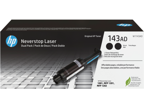 HP Laser Toner Cartridges and Kits, HP 143AD Dual Pack Black Original Neverstop Toner Reload Kit
