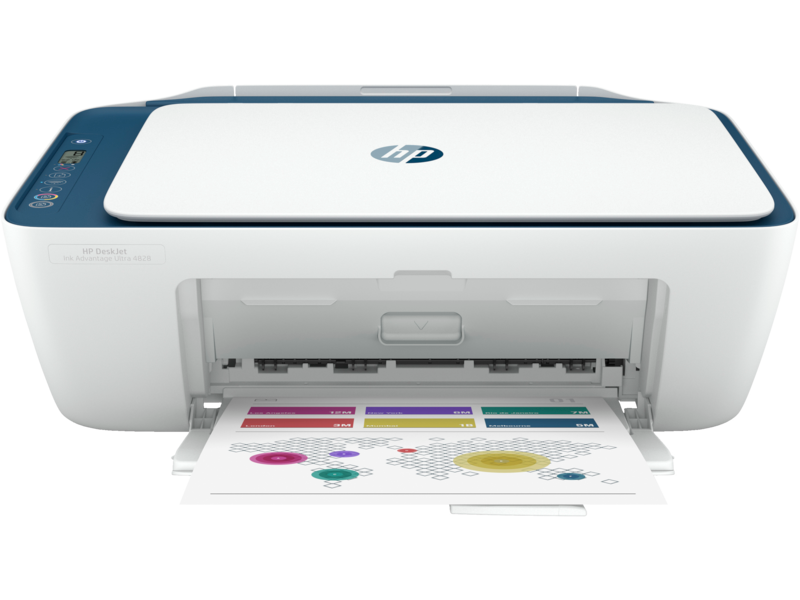 HP DeskJet Ink Advantage Ultra 4828, All-in-One (Indigo) Front with output