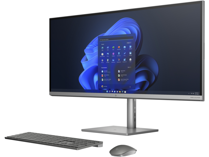 21C2 HP ENVY 34 inch All-in-One Desktop PC TurboSilver Blue2NeoKBM Win11 CoreSet FrontLeft CamUp