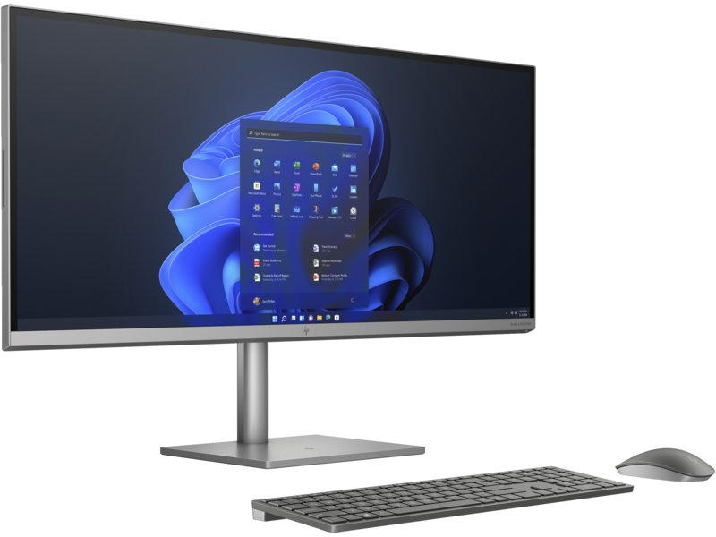 21C2 HP ENVY 34 inch All-in-One Desktop PC TurboSilver Blue2NeoKBM Win11 CoreSet FrontRight