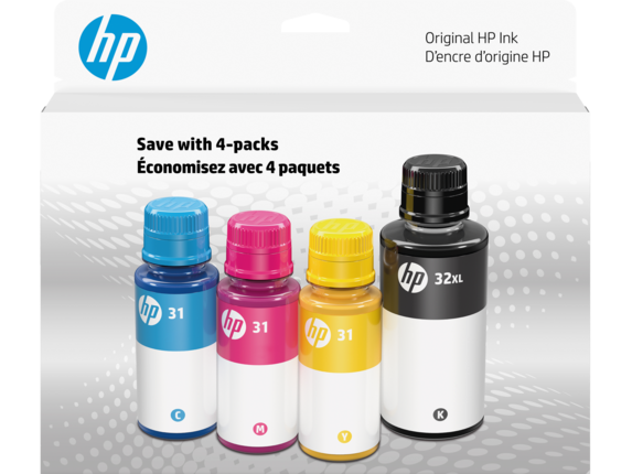Ink Supplies, HP 31 Color and 32XL Black Original Ink Bottle 4-pack, 7E6X7AN