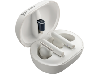 Poly Voyager Free 60+ UC White Sand Earbuds, BT700 USB A adapter, Touchscreen Charge Case