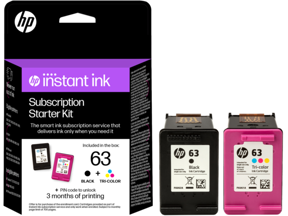 Ink Supplies, HP Instant Ink 63 Black and 63 Tri-color Subscription Starter Kit