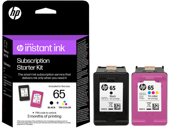 Ink Supplies, HP Instant Ink 65 Black and 65 Tri-color Subscription Starter Kit