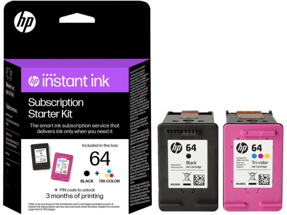 Ink Supplies, HP Instant Ink 64 Black and 64 Tri-color Subscription Starter Kit