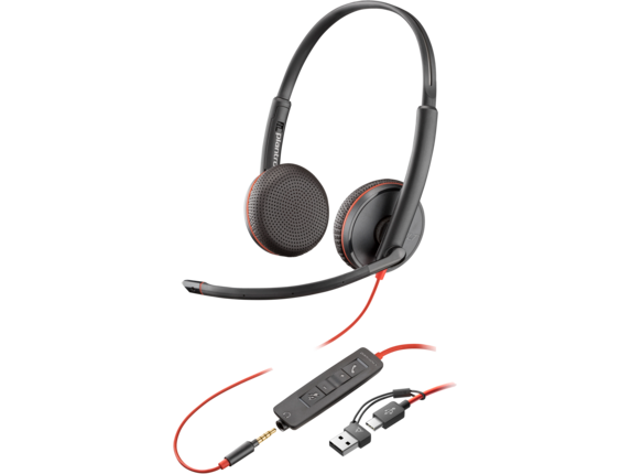 Audio, Poly Blackwire 3225 Stereo USB-C Headset +3.5mm Plug +USB-C/A Adapter