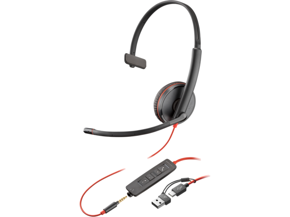 Poly Blackwire 3215 Monaural USB-C Headset +3.5mm Plug +USB-C/A Adapter|8X227AA|HP Poly