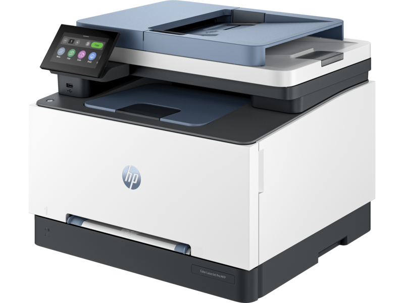 طابعة HP Color Laserjet Pro MFP 3300 ذات اللون الأزرق الداكن مع خلفية بيضاء وخلفية أمامية ويسار